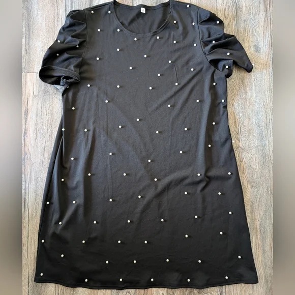 Black Puff Sleeve Dress with Beaded Pearl Accents - Picture 8 of 11
